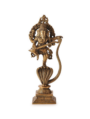 Brass Home Accent with Lord Ganesha on Snake Design (L:4.5in, W:2.6in, H:10.5in)