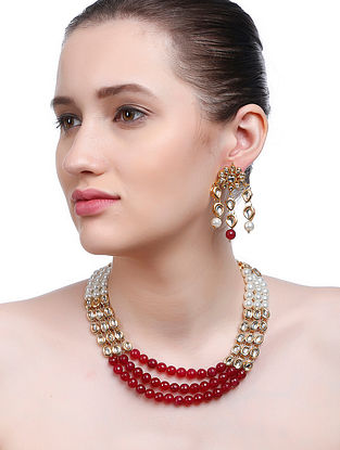 Red-White Gold Tone Kundan Inspired Necklace with Earrings (Set of 2)