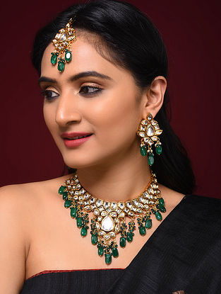 Green Gold Tone Kundan Necklace with Earrings and Maang Tikka (Set of 3)