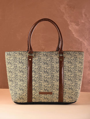 Beige Brown Cotton and Leather Tote Bag