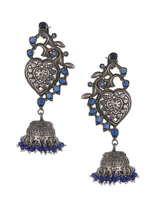 Blue Tribal Silver Jhumki Earrings