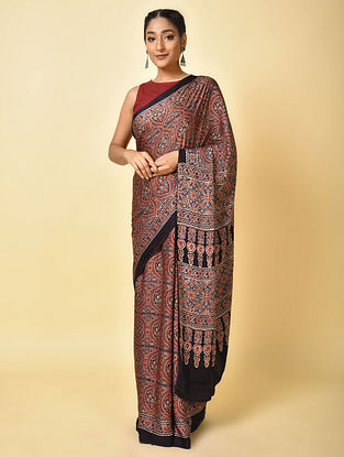 Black-Rust Ajrakh Printed Modal Silk Saree