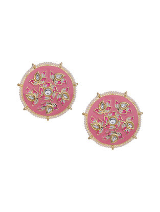Pink Gold Tone Enameled Earrings with Pearls