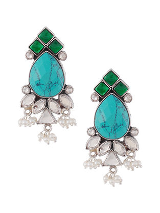 Turquoise Green Tribal Silver Kundan Earrings with Pearls