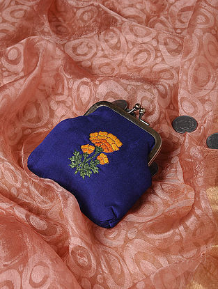 Blue Quilted Thread-Embroidered Cotton Silk Coin Purse