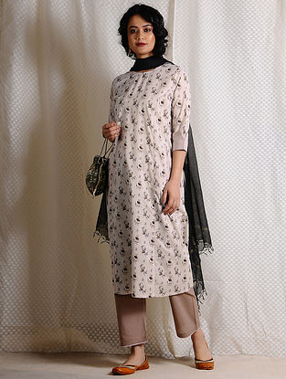 Ivory-Brown Printed Cotton Kurta with Pockets