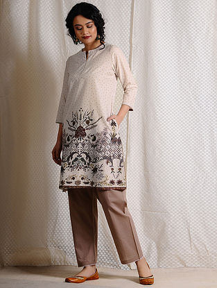 Ivory-Brown Printed Cotton Tunic with Pockets