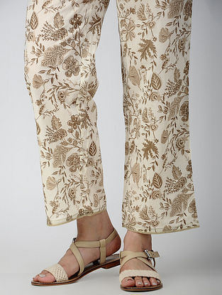 Ivory-Beige Elasticated-waist Printed Cotton Pants