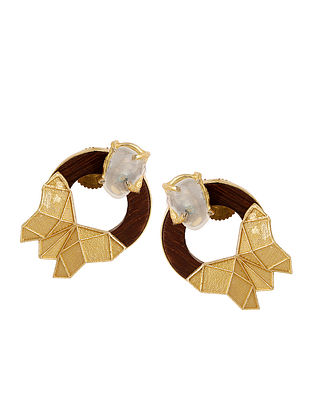 Brown Gold Tone Rosewood and Brass Stud Earrings