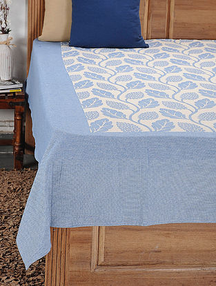 Blue and White Woven Cotton Double Bedcover (104in x 92in)