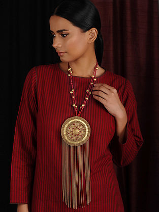 Maroon Gold Hand Embroidered Necklace