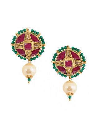 Pink Green Gold Tone Kundan Inspired Brass Earrings