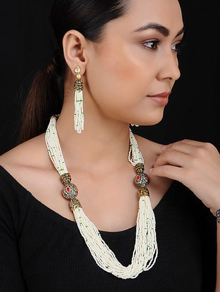 White Multicolored Gold Tone Beaded Brass Necklace with Earrings (Set of 2)