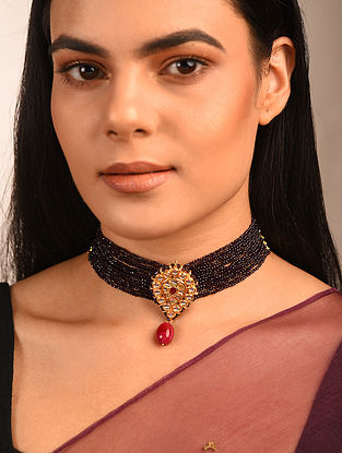 Black Red Gold Tone Kundan Beaded Choker Necklace
