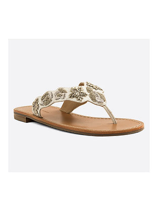 White Handcrafted Embellished Leather Flats