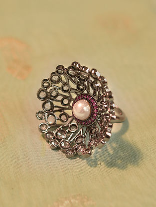 Pink Silver Tone Handcrafted Ring With Pearl