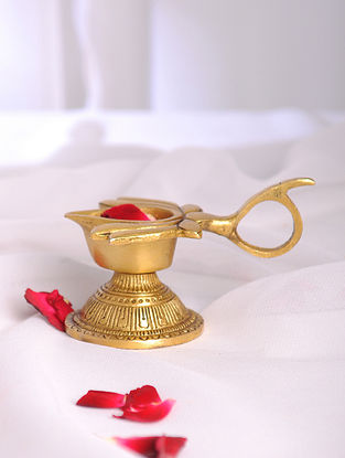 Golden Handmade Brass Oil Lamp with Lotus Flower Design (L - 3.6in, W - 2.5in, H - 2.1in)