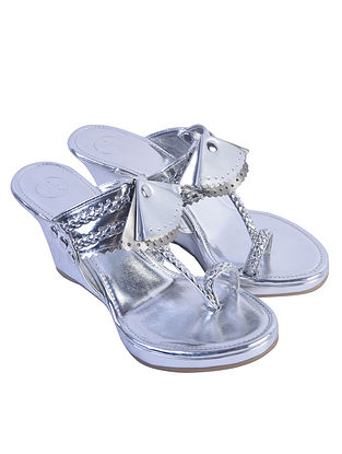 Silver Handcrafted Leather Kolhapuri Wedges