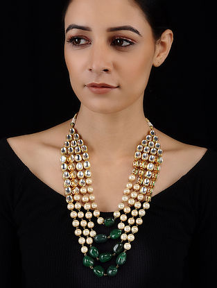Green-White Gold Tone Kundan Inspired Pearl Necklace