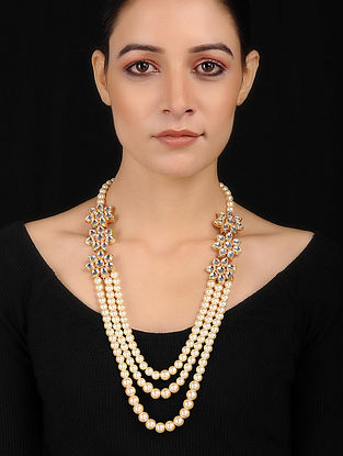 White Gold Tone Kundan Inspired Pearl Necklace