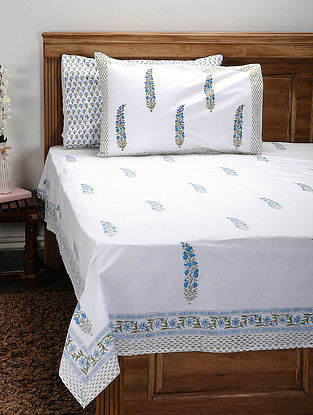 White-Multicolor Handblock Printed 200 Thread Count Cotton Double Bedsheet (Set of 3)