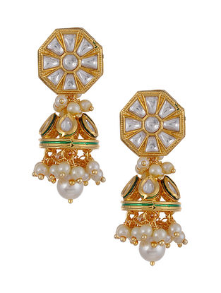 Gold Tone Kundan Jhumki Earrings with Pearls