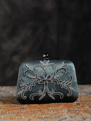 Antique Dull Silver Hand Embroidered Clutch