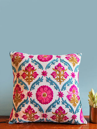 Suzani Inspired White-Multicolor Embroidered Linen Cushion Cover (16in x 16in)