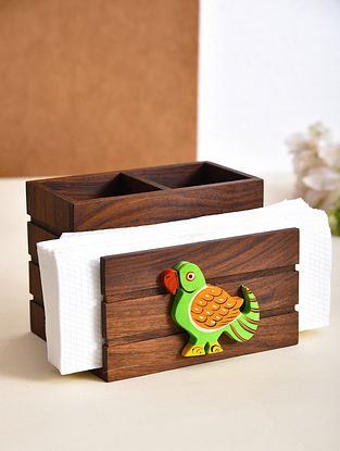 Brown and Green Handcrafted Sheesham Wood Cutlery Holder with Gold Block (L - 5in, W - 5.6in, H - 4.2in)
