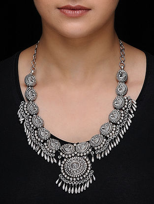Tribal Silver Necklace with Peacock Motif