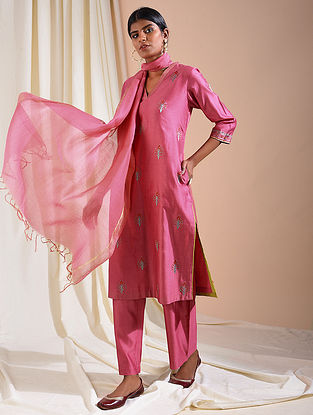 Pink Silk Cotton Kurta with Aari Embroidery