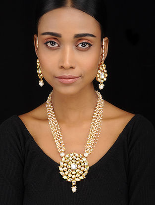 Classic Gold Tone Kundan Inspired Necklace with Earrings (Set of 2)