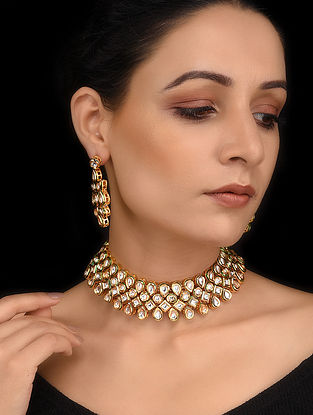 Gold Tone Kundan Necklace with Earrings (Set of 2)