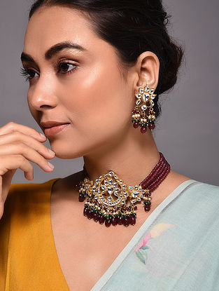 Maroon Gold Tone Kundan Necklace with Earrings