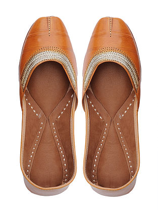 Mustard Handcrafted Leather Juttis with Tilla Embroidery