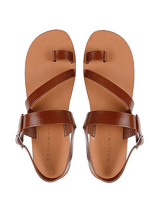 Tan Hand-crafted Peep-toe Leather Flats for Women