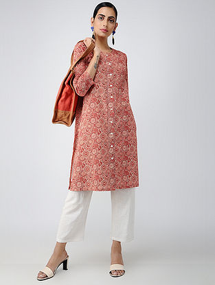 Red-Ivory Printed Cotton Front-open Kurta