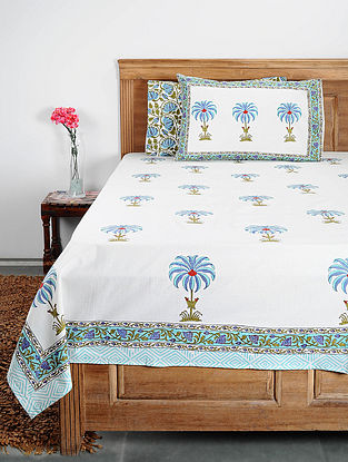 White-Multicolor Handblock Printed Cotton Double Bedcover with Pillow Covers (Set of 3)