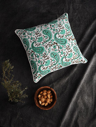 Green-White Block-printed Cotton Cushion Cover (16in x 16in)