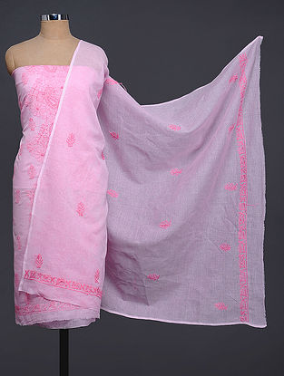 Pink Chikankari Kota Doria Kurta Fabric with Dupatta