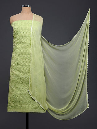 Green Chikankari Cotton Blend Suit Fabric with Chiffon Dupatta