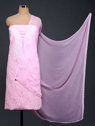 Pink-Ivory Chikankari Cotton Blend Suit Fabric with Chiffon Dupatta