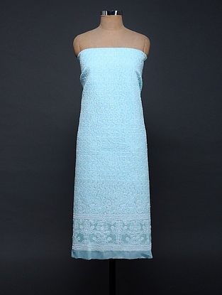 Turquoise-Ivory Chikankari Cotton Blend Kurta Fabric