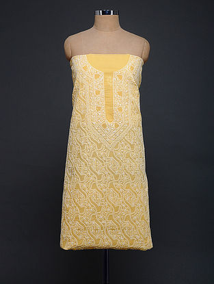 Yellow-Ivory Chikankari Cotton Blend Kurta Fabric