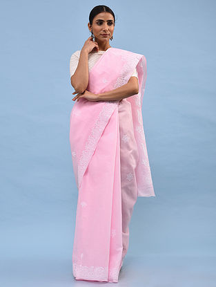 Pink Chikankari Cotton Blend Saree