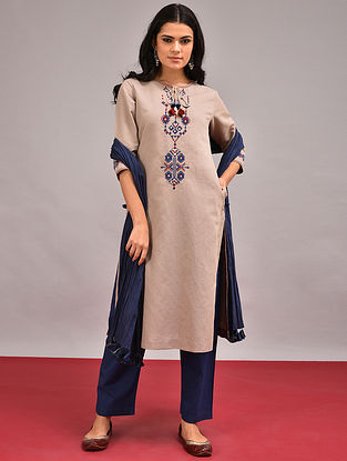 CHARAN - Beige Embroidered Cotton Linen Kurta with Tassels