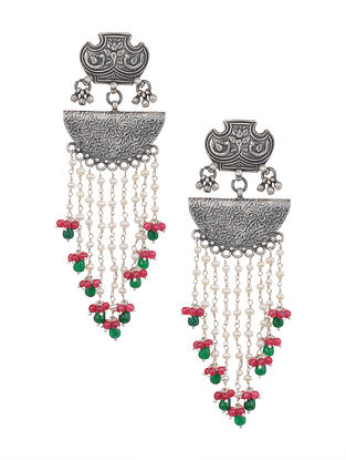 Maroon Green Tribal Silver Earrings with Pearls