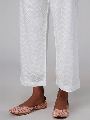 White Tie-up Waist Chikankari Embroidered Cotton Pants