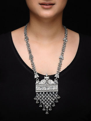 Tribal Silver Necklace with Peacock Design