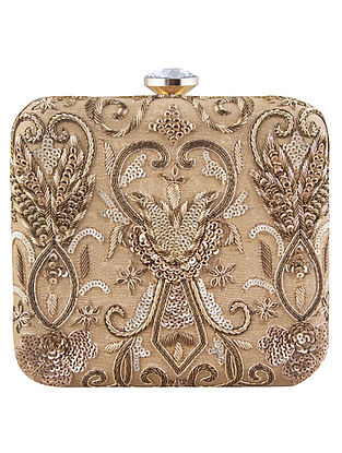 Gold Hand-Embroidered Raw Silk Clutch